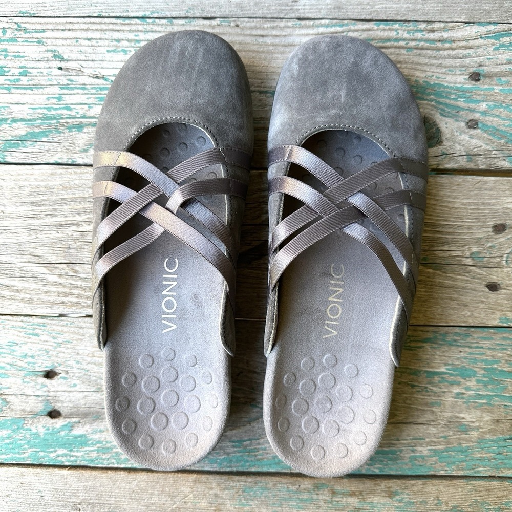 Vionic Gray Suede Slip-On Mules with Crisscross Straps - Picture 2 of 9